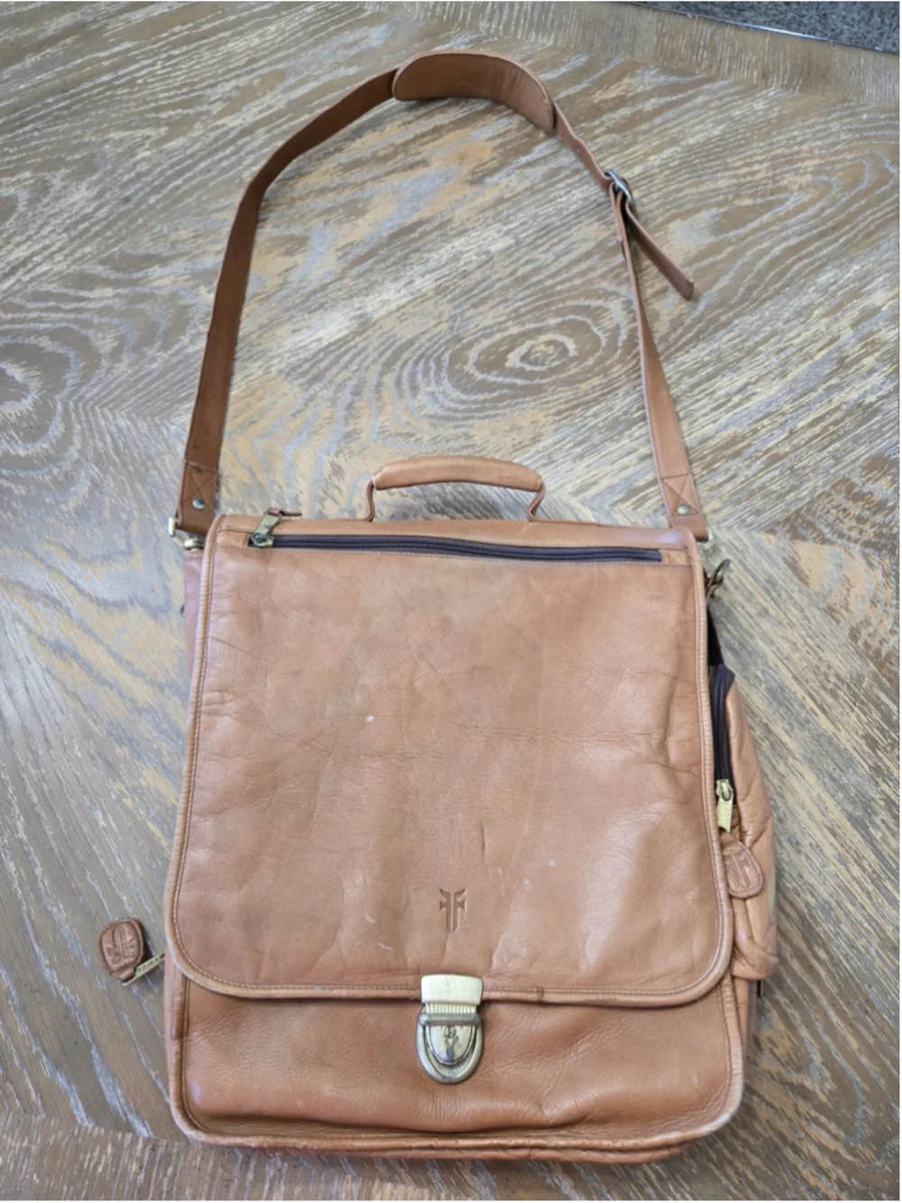 Vintage Frye Brown Leather Briefcase Messenger Organizer Shoulder Work Bag